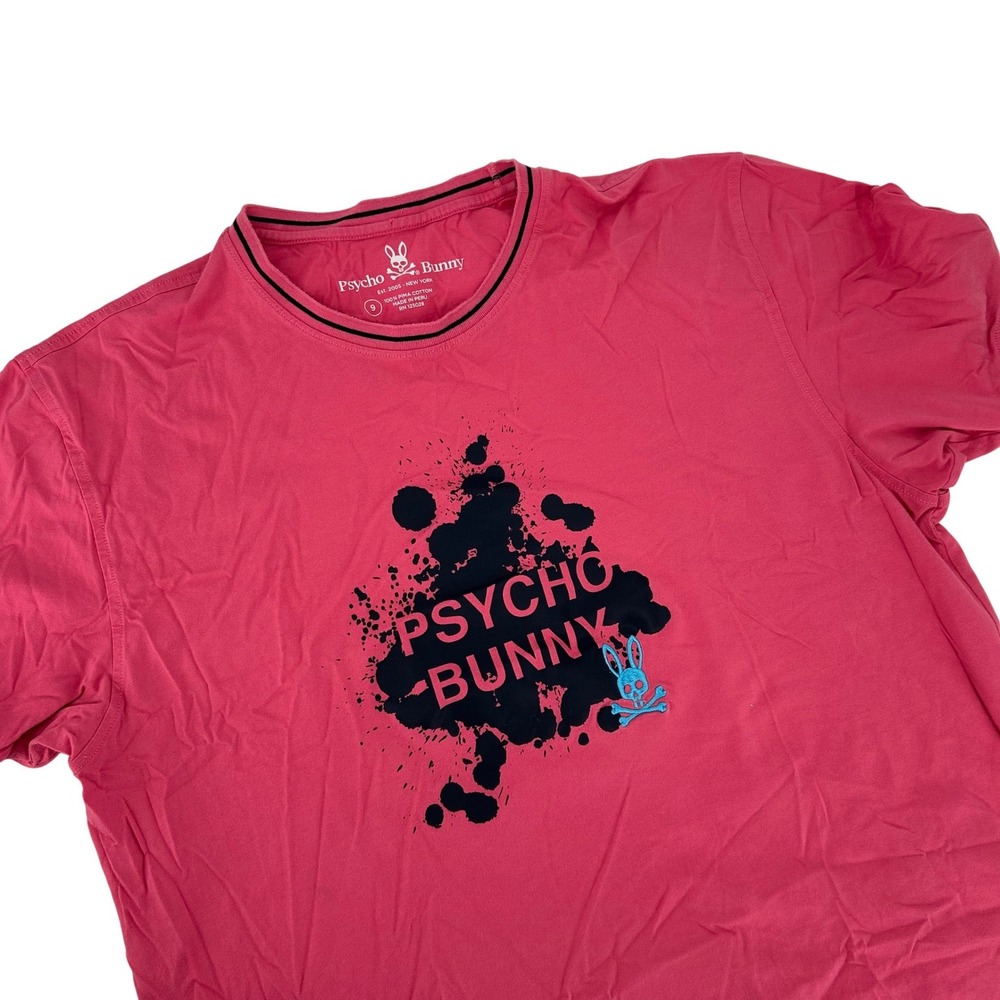 Psycho Bunny Mens Pink Pima Cotton Graphic T-Shirt Ink‎ Splatter Logo Size 9 XXL